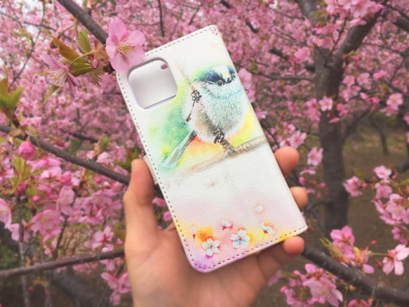 春＊エナガ＊桜＊手帳型スマホケース ＊ iPhone全機種・アンドロイド応相談＊受注作成 3枚目の画像