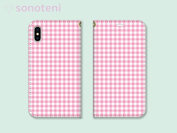 スマホケース 手帳型帯なし　ギンガムチェック　5 ピンク（iPhone・Android対応）【受注生産】 1枚目の画像