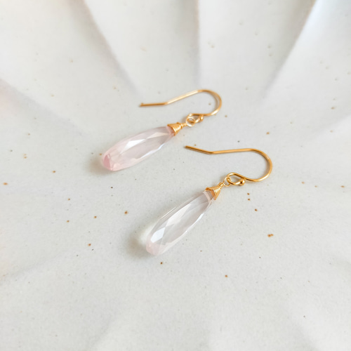 14kgf〕AAA宝石質 ローズクォーツ ピアス/イヤリング ピアス（フック