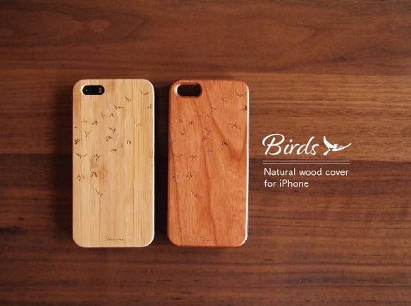 【文字入れ無料】Birds -Natural WOOD- 天然木製iPhoneケース 1枚目の画像