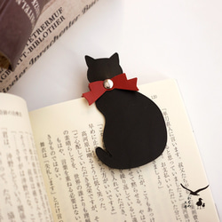 ブックマーカー 【 黒猫 】 レザー 革小物 しおり 動物 ねこ プレゼント GH04K 1枚目の画像