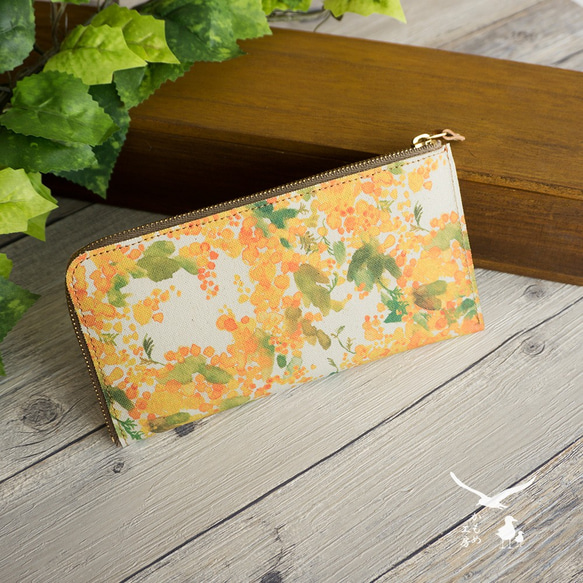 長財布 【 水彩風 ミモザ 】 本革 レザー 財布 ウォレット 花 送料無料