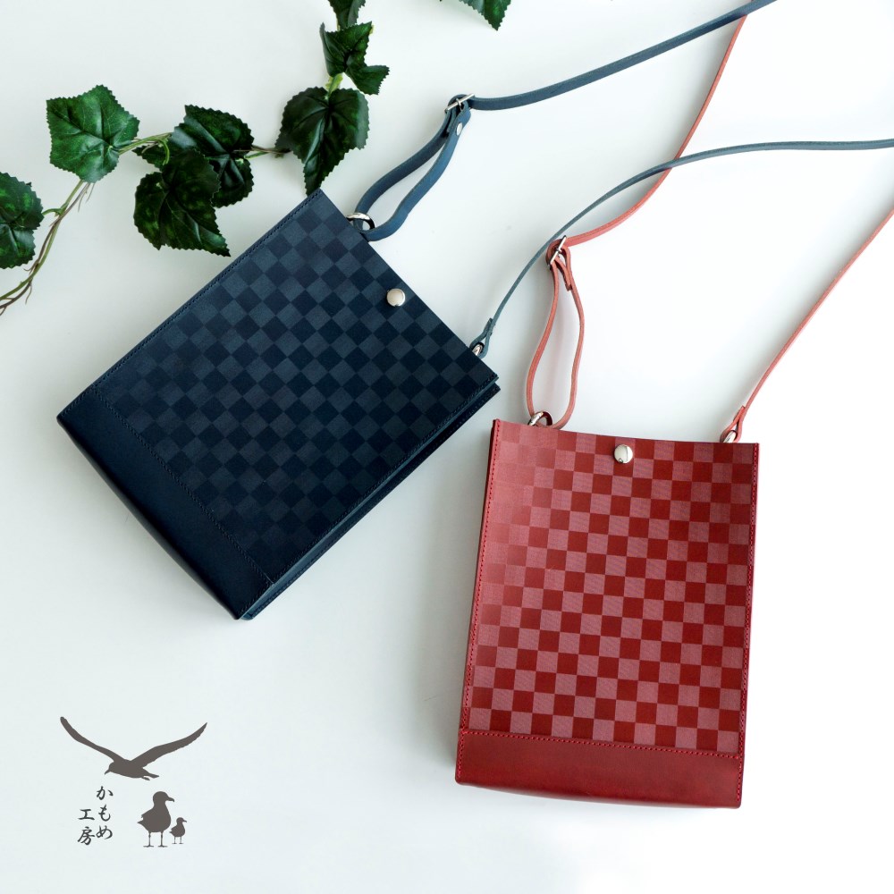 【 イタリアンレザー マチ付き サコッシュ - 市松 - 】 ロッソ オーシャン チェック 送料無料 HH25K 6,958円