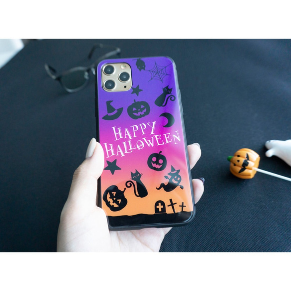 多機種対応 スマホケース ガラス【 ハロウィン 】 ねこ かぼちゃ オリジナル iPhone android JI46U 4枚目の画像