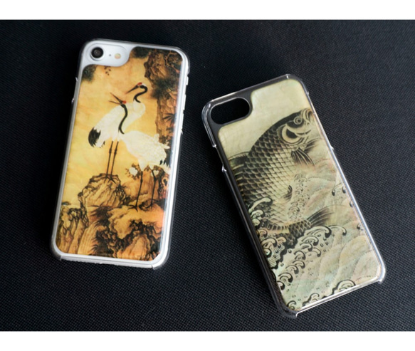 多機種対応 スマホケース 樹脂加工 【 螺鈿 和柄 鶴 鯉 】 天然貝 螺鈿アート iPhone MN07U 3枚目の画像