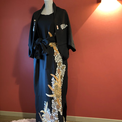 お着物　リメイク　ロングワンピース　ハンドメイド　腰紐リボン付き 後ろリボン 長袖ロングワンピース付け下げリメイク 着物リメイク