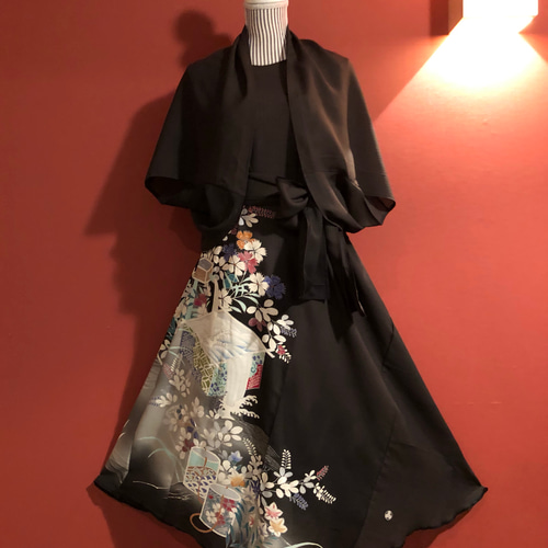 黒留袖 リメイクボレロ付きロングドレス 花柄模様
