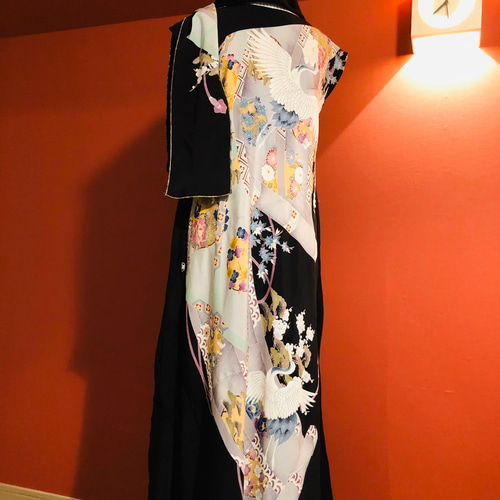 留め袖リメイクボレロ付きロングドレス 黒留袖 リメイク雲の模様