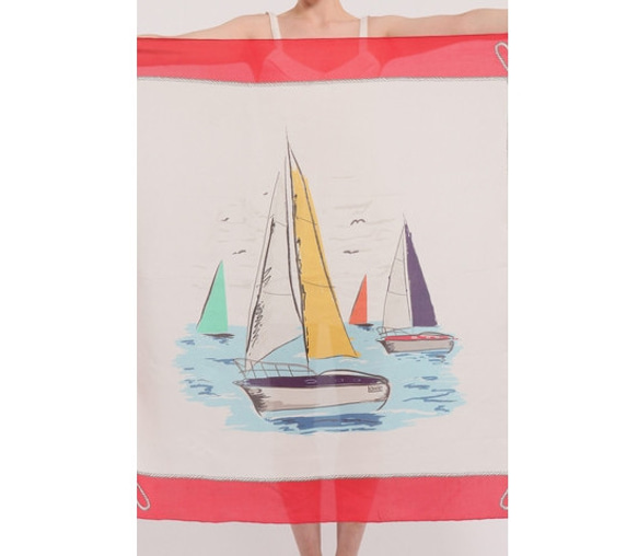 Red Printed Silk Sailboat Scarf 2枚目の画像