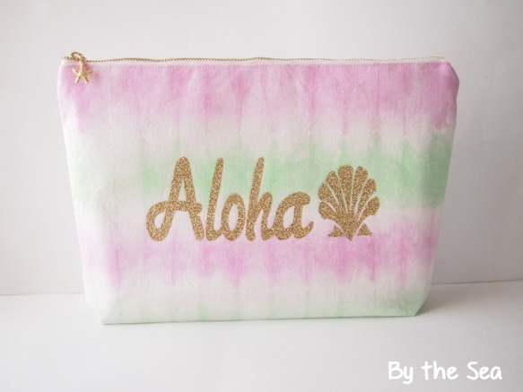 手染めｸﾗｯﾁﾊﾞｯｸﾞ　"Aloha" ビッグポーチ pink×green 1枚目の画像