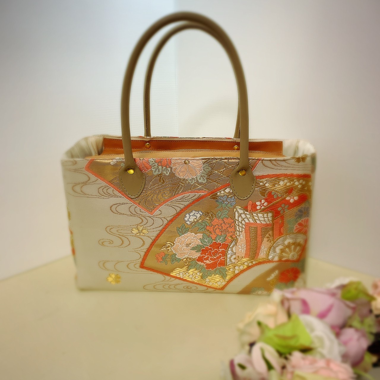 正絹　新品帯　扇古典柄　本革ジッパー付き