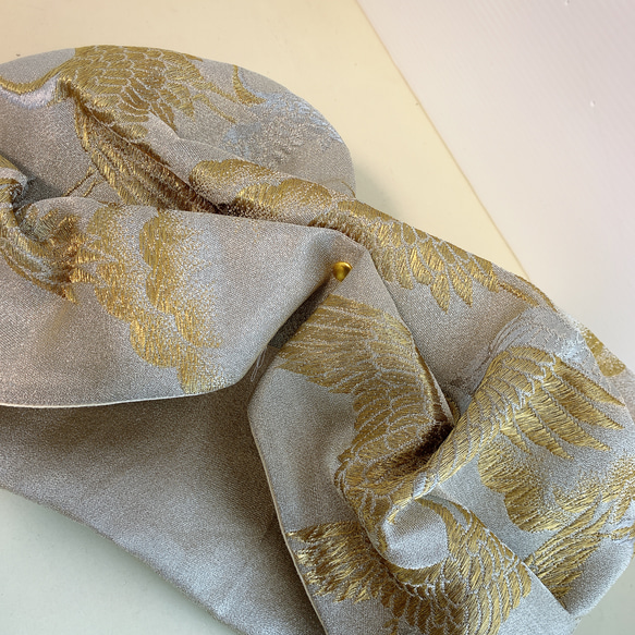 浴衣にも❣️パーティにも❣️帯バッグ クラッチ ショルダー 鶴シルバーxゴールド 3枚目の画像