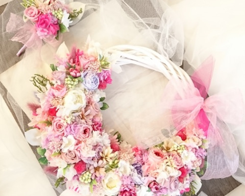 フェザー花冠（羽根のハクレイ）＆フェザーリストブーケ カサブランカのワインレッド ブーケ＆花冠＊* | ぱぱぼっくす