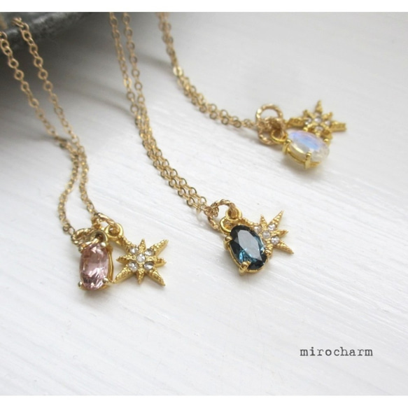 {14Kgf} *天然石のジュエルネックレス*Diamond star necklace 2枚目の画像