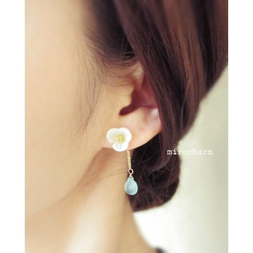 14Kgf} パンジーシェルパールのロングピアス+Stone * ビオラ ピアス