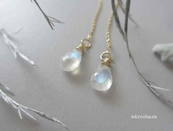 14Kgf *Ice Moonbows earrings* レインボームーンストーン ロングピアス 3枚目の画像