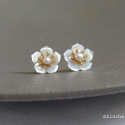 {14Kgf}*les fleurs blanches*天然シェルフラワーピアス 1枚目の画像