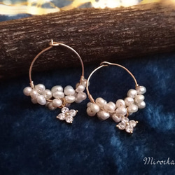 {14Kgf} **Pearl & Crystal** チャームリングピアス (2size) 1枚目の画像