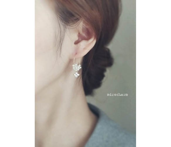 {14Kgf} **Pearl & Crystal** チャームリングピアス (2size) 7枚目の画像