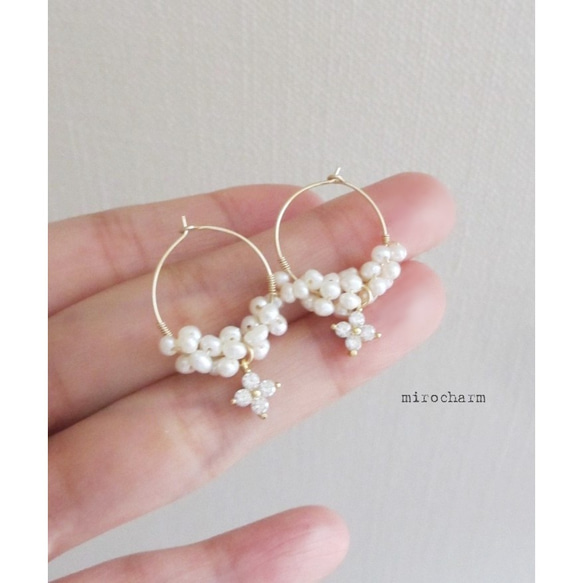 {14Kgf} **Pearl & Crystal** チャームリングピアス (2size) 8枚目の画像