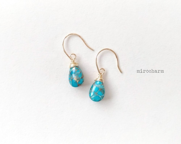 {14Kgf} カッパーターコイズ ドロップピアス** Natural Copper Turquoise** 1枚目の画像