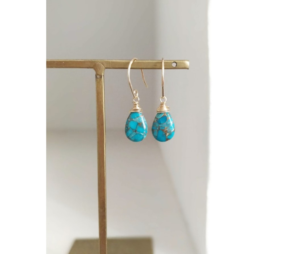 {14Kgf} カッパーターコイズ ドロップピアス** Natural Copper Turquoise** 2枚目の画像