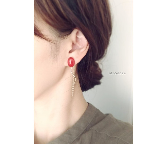 {14Kgf} ~2way~カーネリアンドロップチェーンピアス**red brown** 5枚目の画像