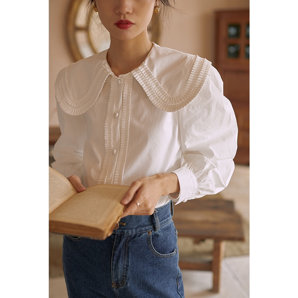 yori 長袖シャツ 丸襟カラーブラウス ホワイト フリーサイズ ヨリ yori