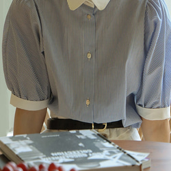 着回しやすいフランス風ストライプシャツブラウス、配色シャツ　コットンシャツ 4枚目の画像