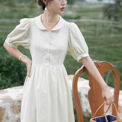 上質感漂う ヴィンテージ風バブルスリーブ 半袖ワンピース ロング  