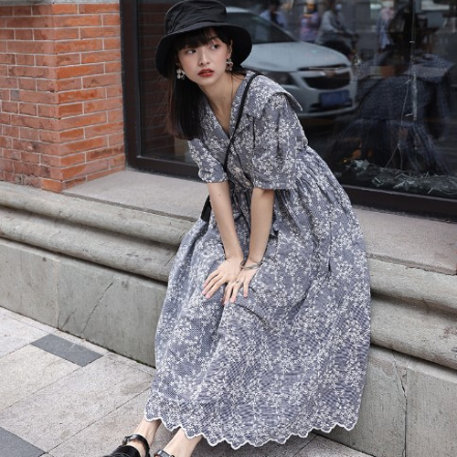 楽天市場】リネン混刺繍ロングワンピース スキッパーワンピース