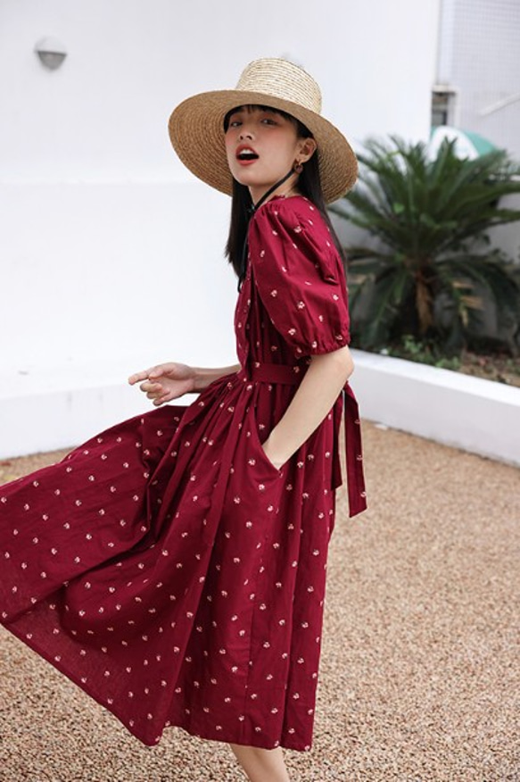 夏らしい小花刺繍のロングワンピース 半袖ワンピース コットン