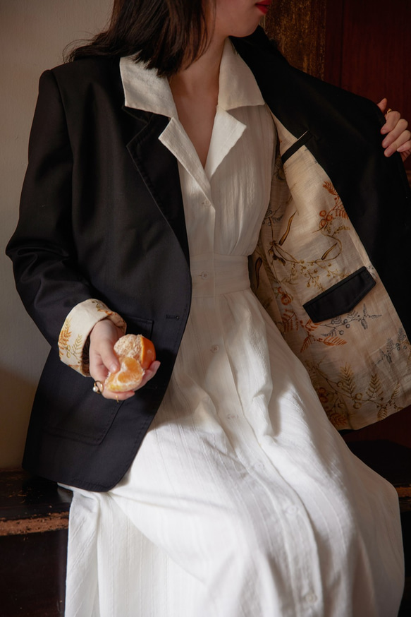 ノースリーブ　スーツ襟　ジャガード生地　ハイウェストワンピース　コットン 3枚目の画像