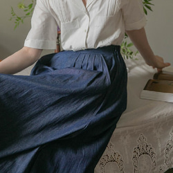 甘さ控えめのデニム風ロングギャザースカート　コットン 4枚目の画像