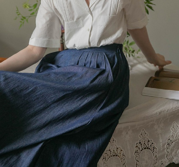 甘さ控えめのデニム風ロングギャザースカート　コットン 4枚目の画像
