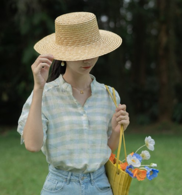 この夏にどんどん着たい　リネンのボーダーブラウス　半袖ブラウス 2枚目の画像