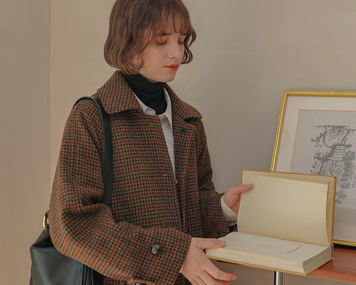 クラシックなチェック柄 重厚感のあるロング丈 ウールコート ウール100