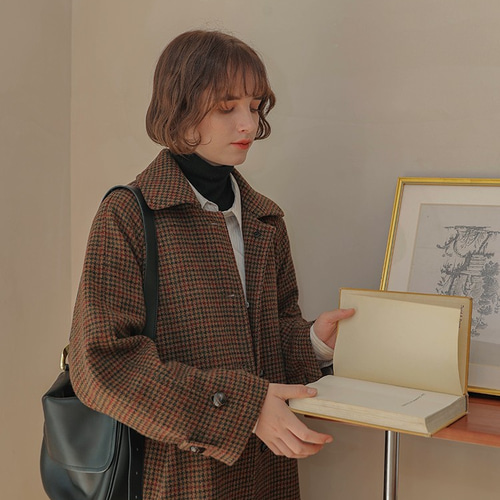 クラシックなチェック柄 重厚感のあるロング丈 ウールコート ウール100