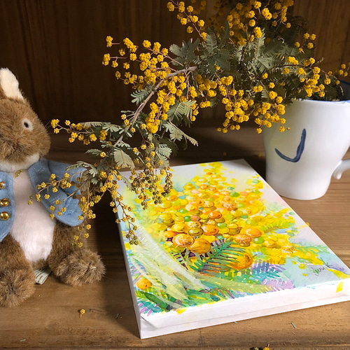 小さな原画パネルアート」☆水彩画（ミモザ06） 絵画 miraclepocket