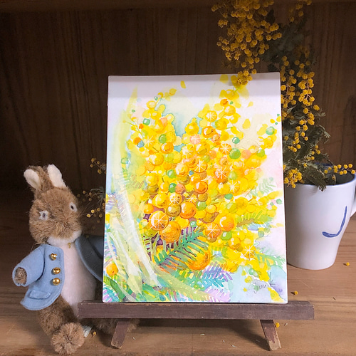 容音　水彩画　ミソサザイと青梅　値段は600円です ☆最後の展示品1枚特価 ☆ イタリア製 高級 額絵 風水 「ミモザ