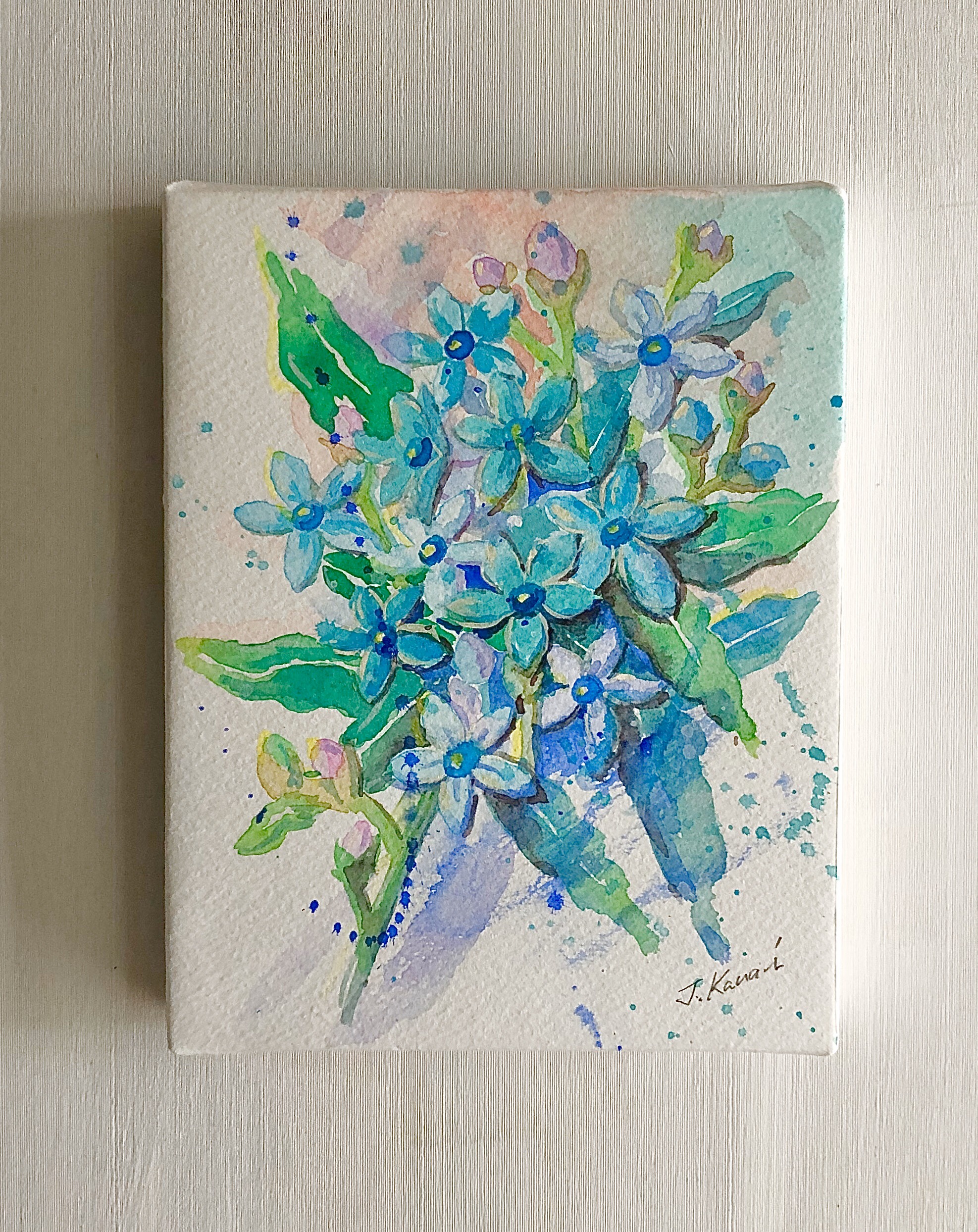 水彩画 原画 ブルーとマーガレット 水彩画 原画 ブルーとマーガレット