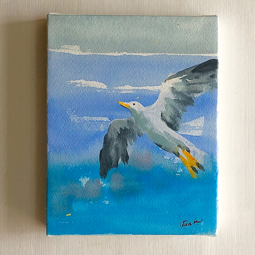 水彩画　　タイトル【　鴨　】鳥の羽に鴨の絵が描かれてます。壁掛け額装　直筆サイン 水彩画 タイトル【 鴨 】鳥の羽に鴨の絵が描かれてます。壁掛け