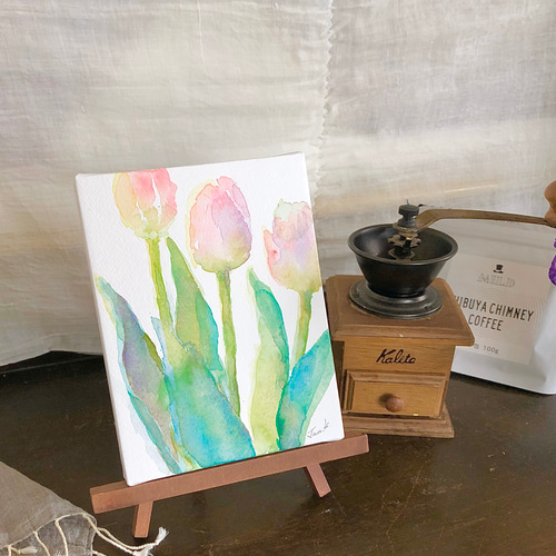 小さな水彩原画パネル⭐️やさしいチューリップ 絵画