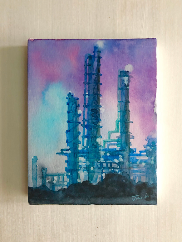 ⭐️小さな水彩原画（工場夜景ブルー01） 絵画 miraclepocket 通販 