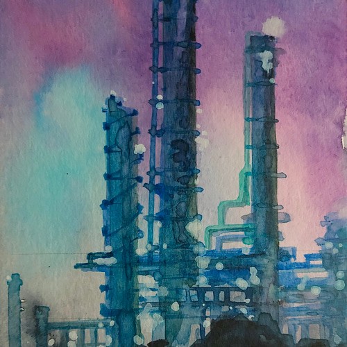 ⭐️小さな水彩原画（工場夜景ブルー01） 絵画 miraclepocket 通販