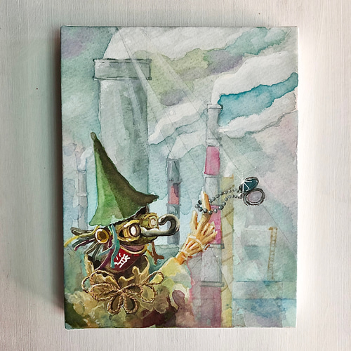 小さな水彩画プペルと工場と（原画パネル） 絵画 miraclepocket 通販
