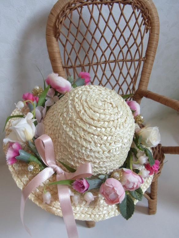 麦わら帽子のインテリア（優しいピンク　roseサシェ付き） 1枚目の画像
