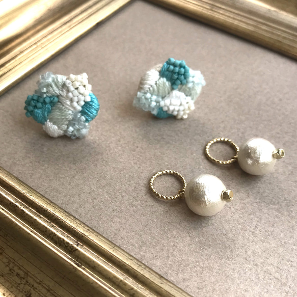 綠白+雪晶2way刺繡耳環或耳環 第6張的照片