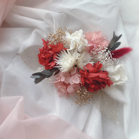 再販×4 紅白×ピンク 和装 ヘッドドレス ドライフラワー 前撮り 成人式 髪飾り 卒業式 4枚目の画像