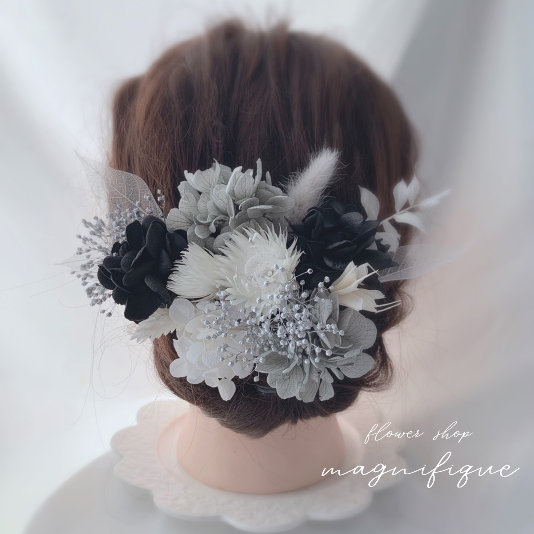 再販×20 モノトーンのヘッドドレス ドライフラワー 成人式 前撮り 髪飾り 和装 卒業式 銀箔